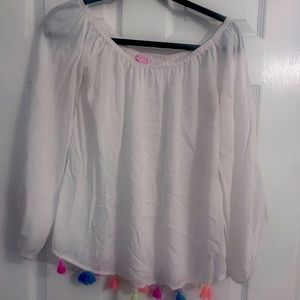 Lilly Pulitzer White blouse with colorful Pom poms.